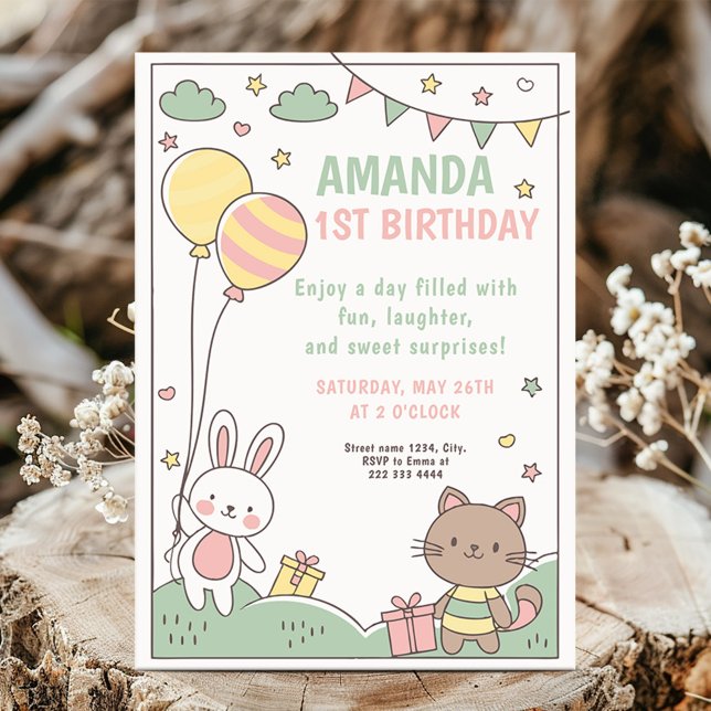 1st Bunny and Kitty Birthday Celebration Invitation (Creator Uploaded)