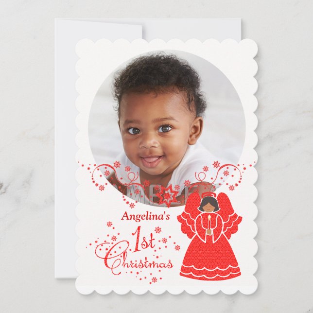 1st Christmas Angel for Ethnic Baby Girl Custom Holiday Card (Front)