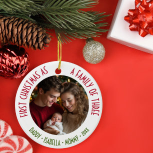 1st Christmas as a Family of 3 Custom Photo & Text Ceramic Tree Decoration