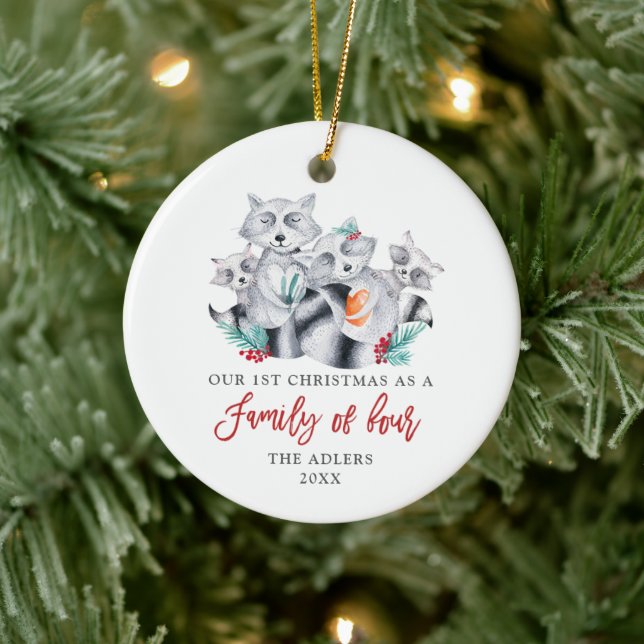 1st Christmas As Family Of 4 Personalised Raccoons Ceramic Tree Decoration (Tree)