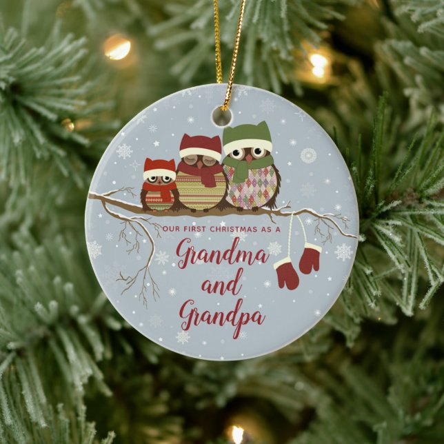 1st Christmas as Grandma Grandpa Owl Family Custom Ceramic Tree Decoration (Tree)