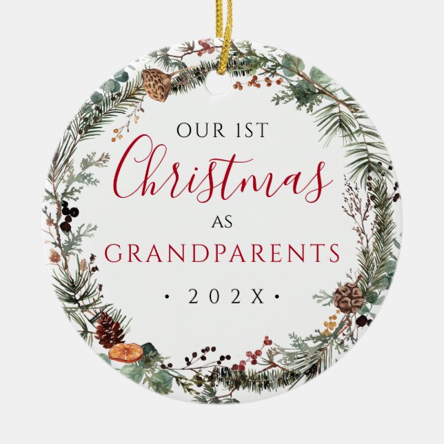 1st Christmas as Grandparents Floral Wreath Photo  Ceramic Tree Decoration (Front)