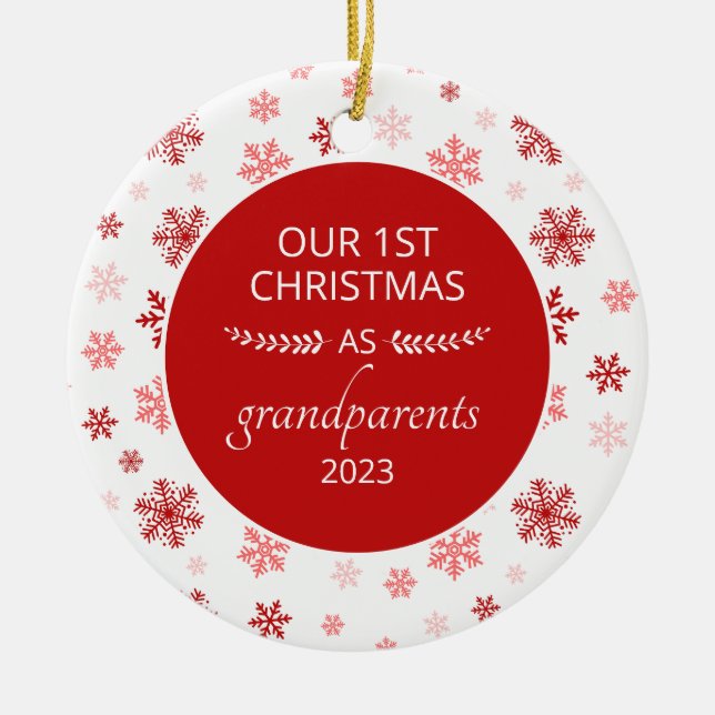 1st Christmas As Grandparents Red Snowflake Photo Ceramic Tree Decoration (Front)