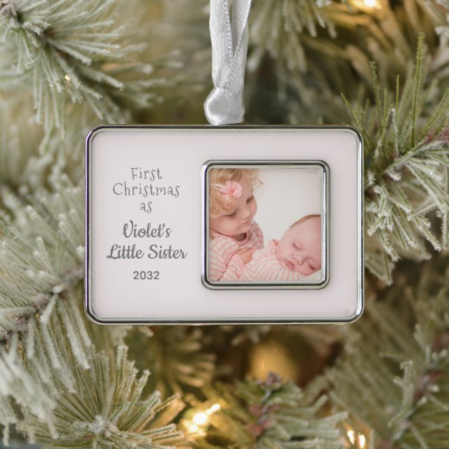 1st Christmas as Little Sister Name Year Photo Silver Plated Framed Ornament (Tree)