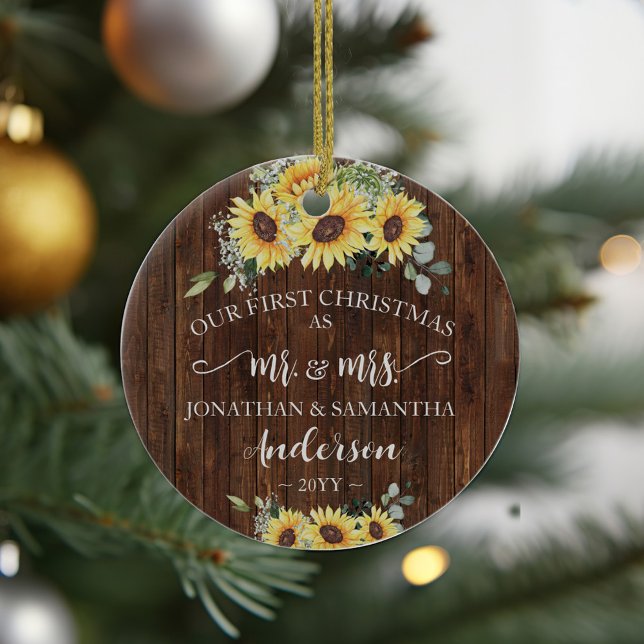 1st Christmas as Mr & Mrs Newlywed Wood Sunflowers Ceramic Tree Decoration (First Christmas as Mr & Mrs Newlywed Wood Sunflowers Ceramic Ornament)