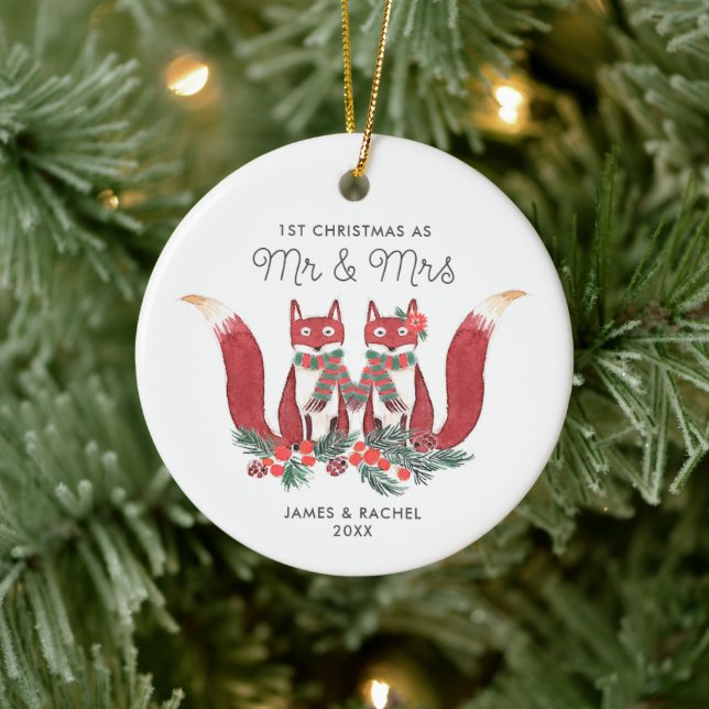 1st Christmas As Mr Mrs Personalised Festive Foxes Ceramic Tree Decoration (Tree)