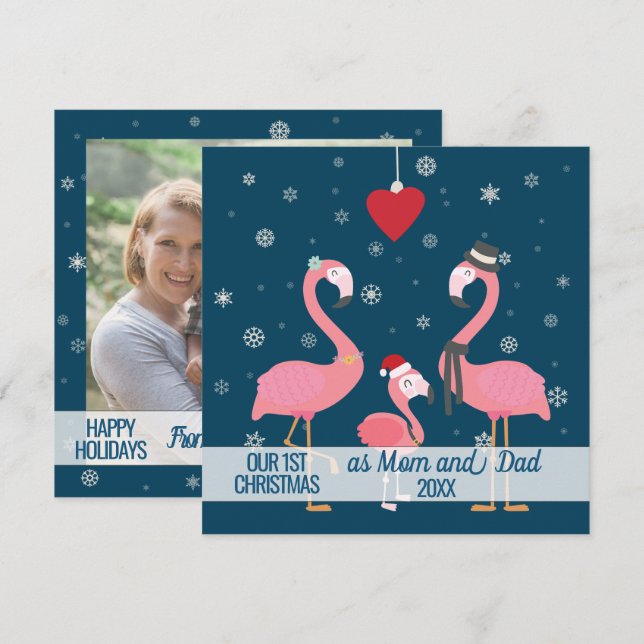 1st Christmas as parents photo flamingo snowflakes Card (Front/Back)