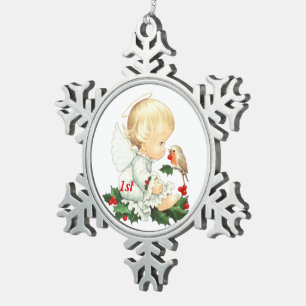 1st Christmas Baby Angel Snowflake Pewter Christmas Ornament