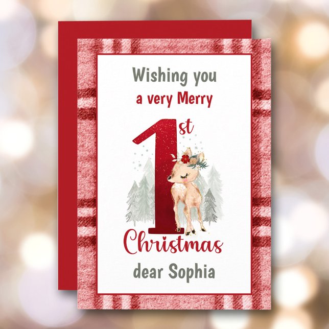 1st Christmas Baby Girl Cute Deer Plaid Holiday Card (1st Christmas Baby Girl Cute Deer Plaid Holiday Card)