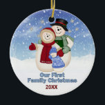1st Christmas Blue Frosty Snowman Family Ceramic Tree Decoration<br><div class="desc">Frosty the Snowman with Mrs Frosty and baby boy Frosty with snowflakes background. They are dressed for winter in scarf,  hat and mittens. Unique ornament has date area ready for you to customise.</div>