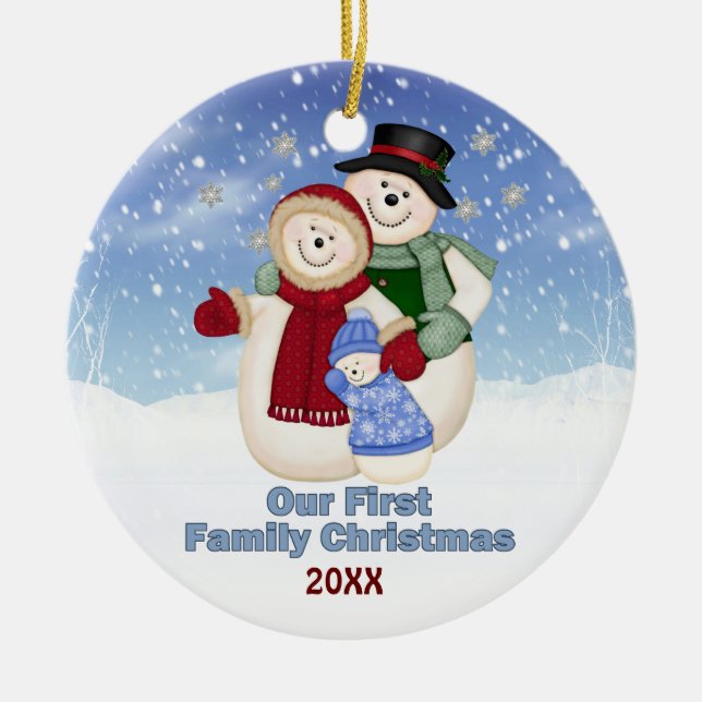 1st Christmas Blue Frosty Snowman Family Ceramic Tree Decoration (Front)