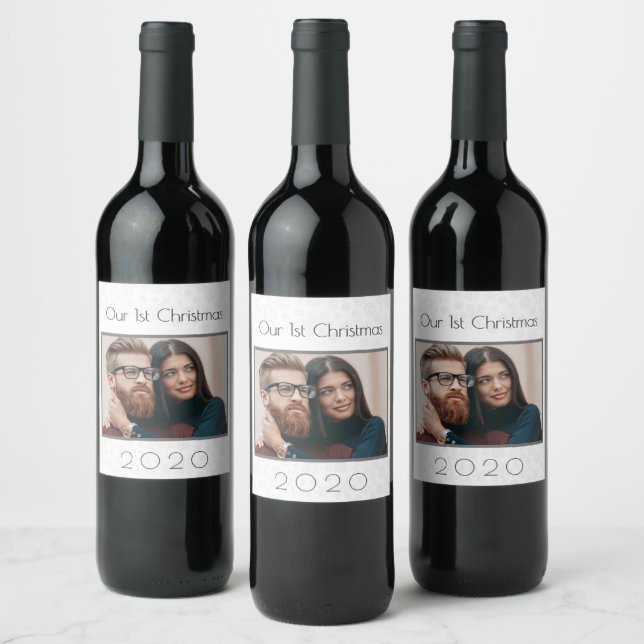 1st Christmas couple photo  newly weds Wine Label (Bottles)