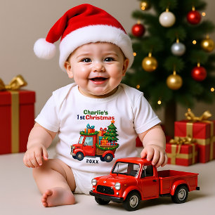1st Christmas, cown text, Tree Haulin’ & Gift Ball Baby Bodysuit