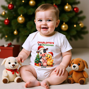 1st Christmas, custom text, Farmyard Festivities Baby Bodysuit