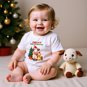 1st Christmas, custom text, Moo-ry & Bright Baby Bodysuit