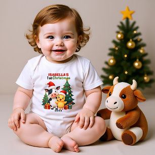 1st Christmas, custom text, Tree-Mendous Moo-Ments Baby Bodysuit