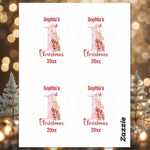 1st Christmas Cute Bunny Baby Girl Number One Oval Sticker