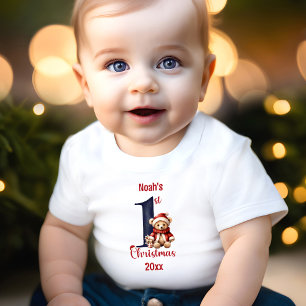 1st Christmas Cute Teddy Bear Baby Boy Red Blue Baby T-Shirt
