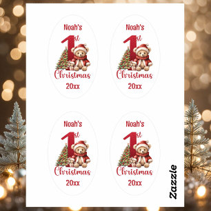 1st Christmas Cute Teddy Bear Christmas Tree Oval Sticker