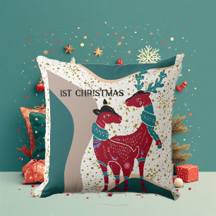 1st Christmas Deer Couple Nordic Snow Hail Boho Cushion