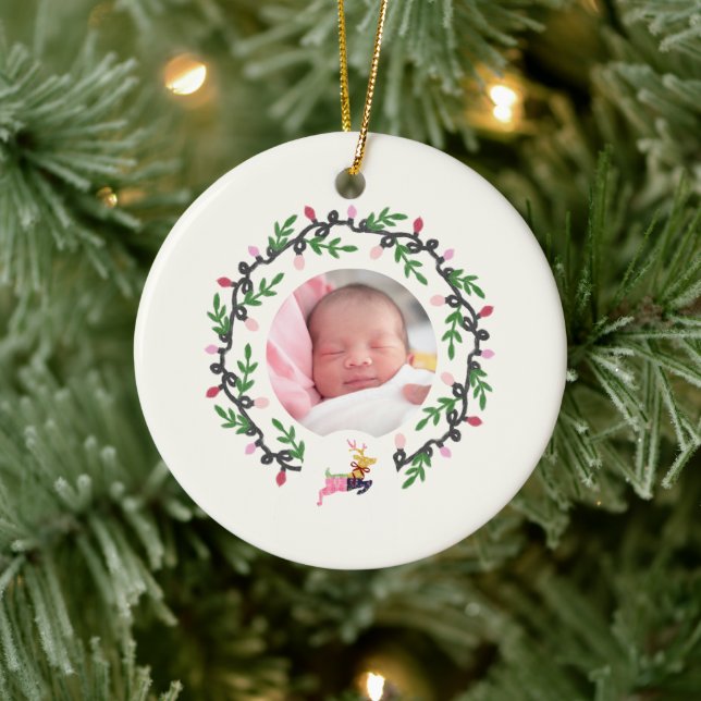 1st Christmas Deer with Wreath Customize Ceramic Tree Decoration (Tree)