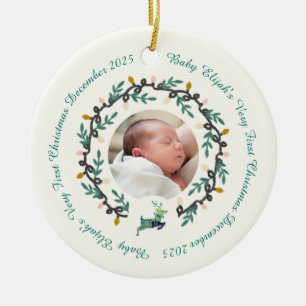 1st Christmas Deer with Wreath Teal Cream2 Ceramic Tree Decoration