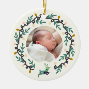 1st Christmas Deer with Wreath Teal Cream Ceramic Tree Decoration