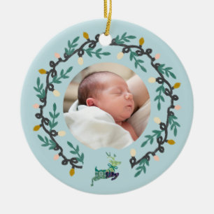 1st Christmas Deer with Wreath Teal Customize Ceramic Tree Decoration