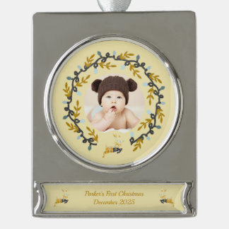 1st Christmas Deer with Wreath Yellow Silver Plated Banner Ornament