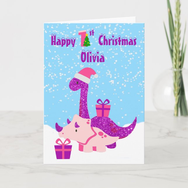 1st Christmas Dinosaur Purple Personalised  Card (Front)