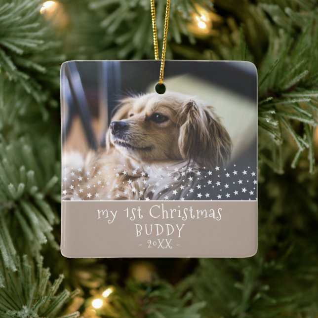 1st Christmas Dog Pet Photo Stars Keepsake Ceramic Ornament (Tree)