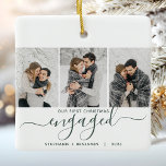 1st Christmas Engaged 3 Photo Green Script Ceramic Ornament<br><div class="desc">Commemorate your engagement with this beautiful modern keepsake ornament. The dark green text reads "Our first Christmas engaged, " with the word "engaged" in elegant handwriting script with flourishes before and after. Replace the three sample images with your favourite vertical photos, and add your names and the year in dark...</div>