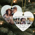 1st Christmas Engaged Minimal Unique 4 Photo Heart Ceramic Tree Decoration<br><div class="desc">Celebrate the joyful 1st holiday of your engagement with a custom 4 photo collage "Our First Christmas Engaged" heart-shaped ceramic ornament. All wording and pictures on this template are simple to personalise. (IMAGE PLACEMENT TIP: An easy way to position an image exactly how you want is to crop it before...</div>