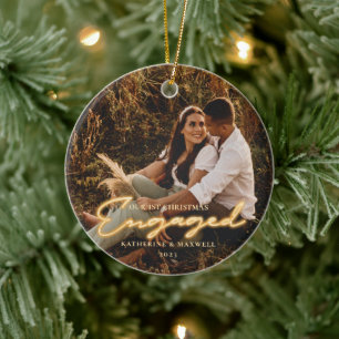 1st Christmas Engaged Neon Lettering Photo Ceramic Tree Decoration