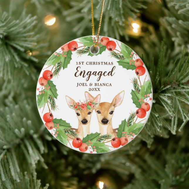 1st Christmas Engaged Personalised Holiday Deer Ceramic Tree Decoration (Tree)