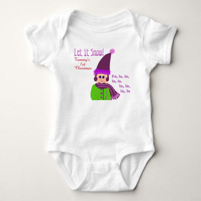 1st Christmas Girl Purple Hat Let it Snow Baby Bodysuit (Front)