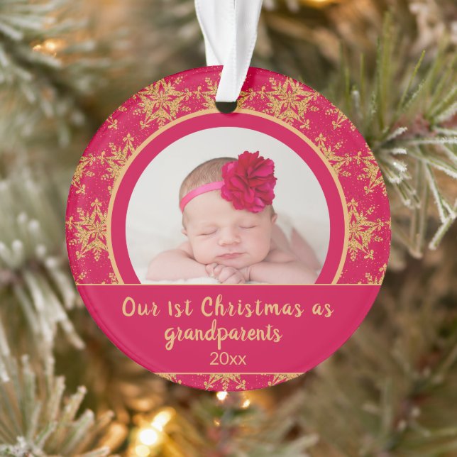 1st Christmas Grandparents Pink Gold Photo Ornament (Tree)