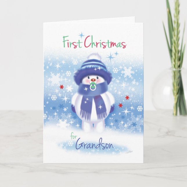 1st Christmas, Grandson, Snow baby with Pacifier Holiday Card (Front)