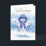 1st Christmas, Grandson, Snow baby with Pacifier Holiday Card<br><div class="desc">The illustration on this very sweet Christmas card for a little Grandson's 1st Christmas is that of a cute snow baby with pink chubby cheeks and a red nose. Wearing a blue woollen hat, matching scarf and mittens, he happily sucks on a baby's pacifier (dummy) as stands against the blue...</div>