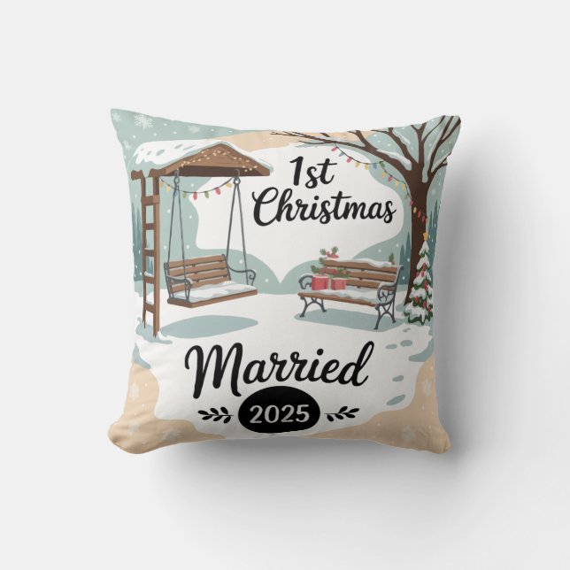 1st Christmas Married 2025 | Rustic Winter Scene  Cushion (Front)