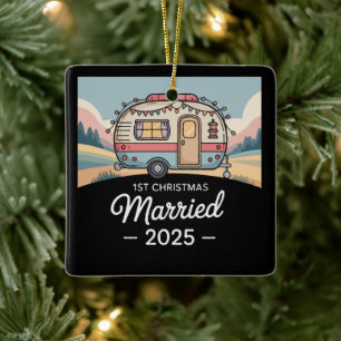 1st Christmas Married 2025 Vintage Camper RV Ceramic Ornament