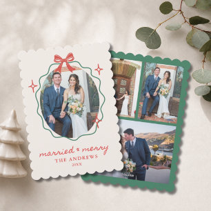 1st Christmas Married 4 Photo Wedding Red Bow Holiday Card