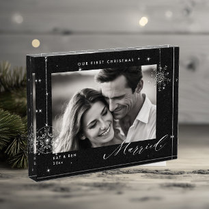 1st Christmas Married Black Sparkles Modern Gift Photo Block