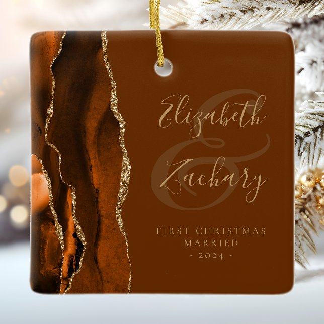 1st Christmas Married Burnt Orange Agate Brown Ceramic Ornament (Creator Uploaded)