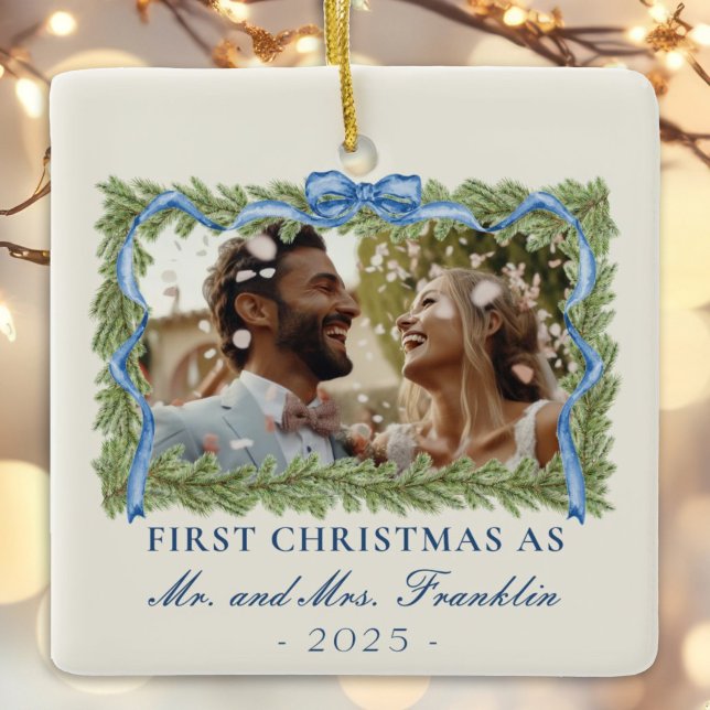 1st christmas married festive photo ceramic ornament (Creator Uploaded)