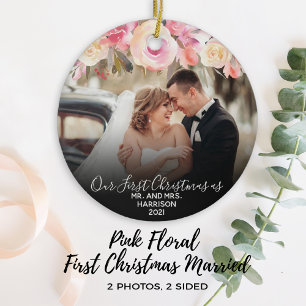 1st Christmas Married Mr & Mrs Photo Pink Floral Ceramic Tree Decoration