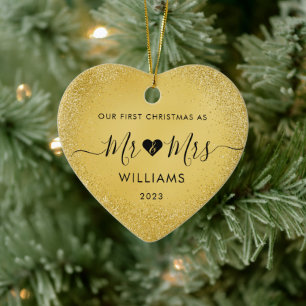 1st Christmas Married Mr Mrs Simple Heart Photo Ceramic Tree Decoration