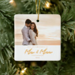 1st Christmas Married Neon Lettering Photo Ceramic Ceramic Ornament<br><div class="desc">1st Christmas as Mr. & Mrs.,  golden neon lettering,  photo holiday ceramic ornament keepsake. Coordinating neon star pattern backing.</div>