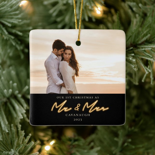 1st Christmas Married Neon Lettering Photo Ceramic Ornament (Tree)