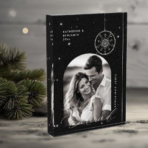 1st Christmas Married Snowflakes Black Photo Gift Block